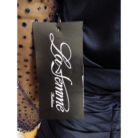 $558 La Femme 30138 Navy Blue Satin Ruched Trumpet Illusion Gown 12 NEW - Picture 16 of 16